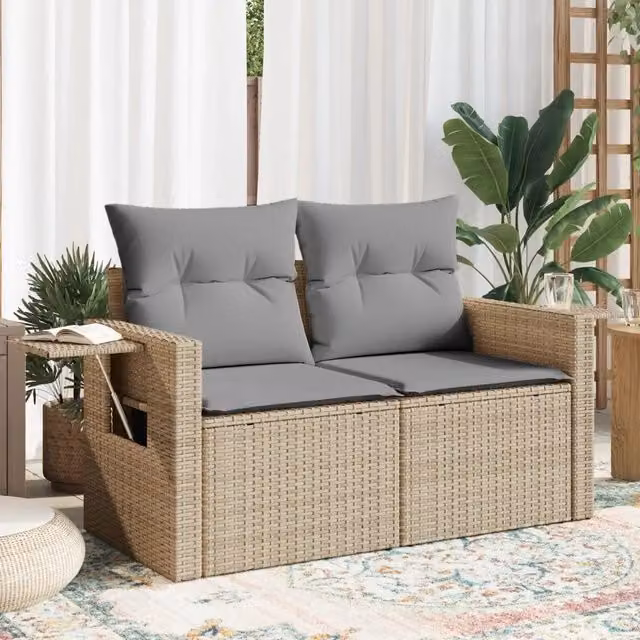 Divano da giardino a 2 posti vidaXL in polyrattan con cuscini beige e grigi e coperture rimovibili – 1