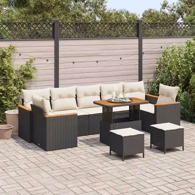 Set Divano da Giardino 10 pz 7-Numero di posti Nero Poly Rattan 3364980