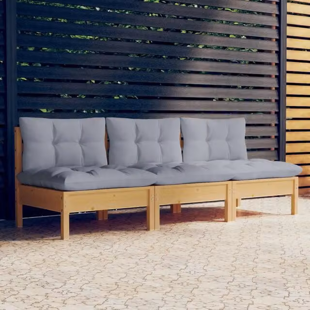 Divano da Giardino a 3 Posti con Cuscini-Sofa da Giardino-Divano da esterno Grigi Massello di Pino 993674