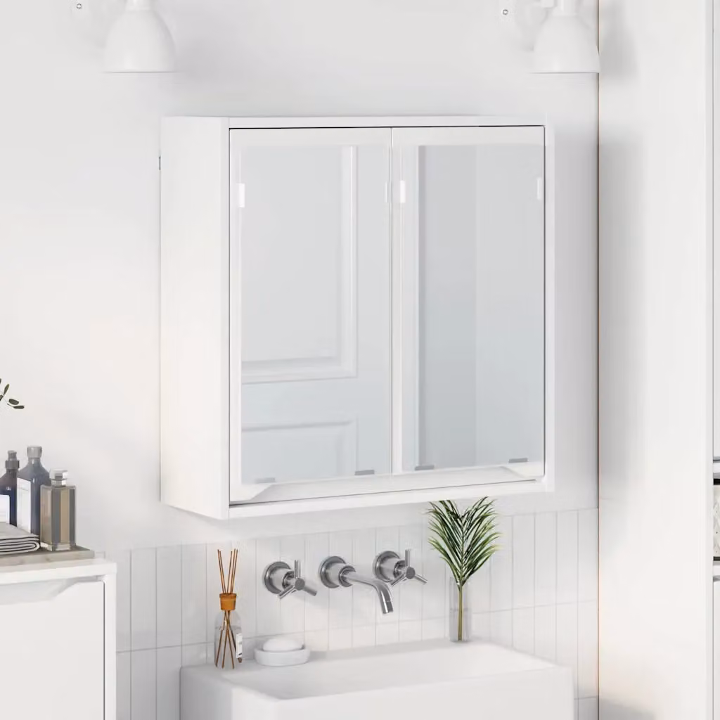 Mobiletto per specchio da bagno vidaXL Bianco Lucido con ante in vetro e specchio, L: 60 cm, P: 20 cm, H: 60 cm
