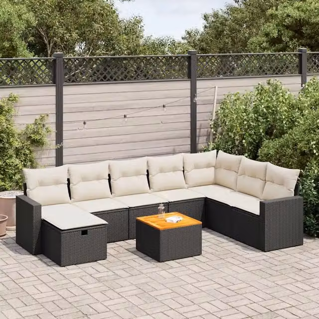 Set Divani da Giardino 9 pz con Cuscini Nero in Polyrattan 3325801