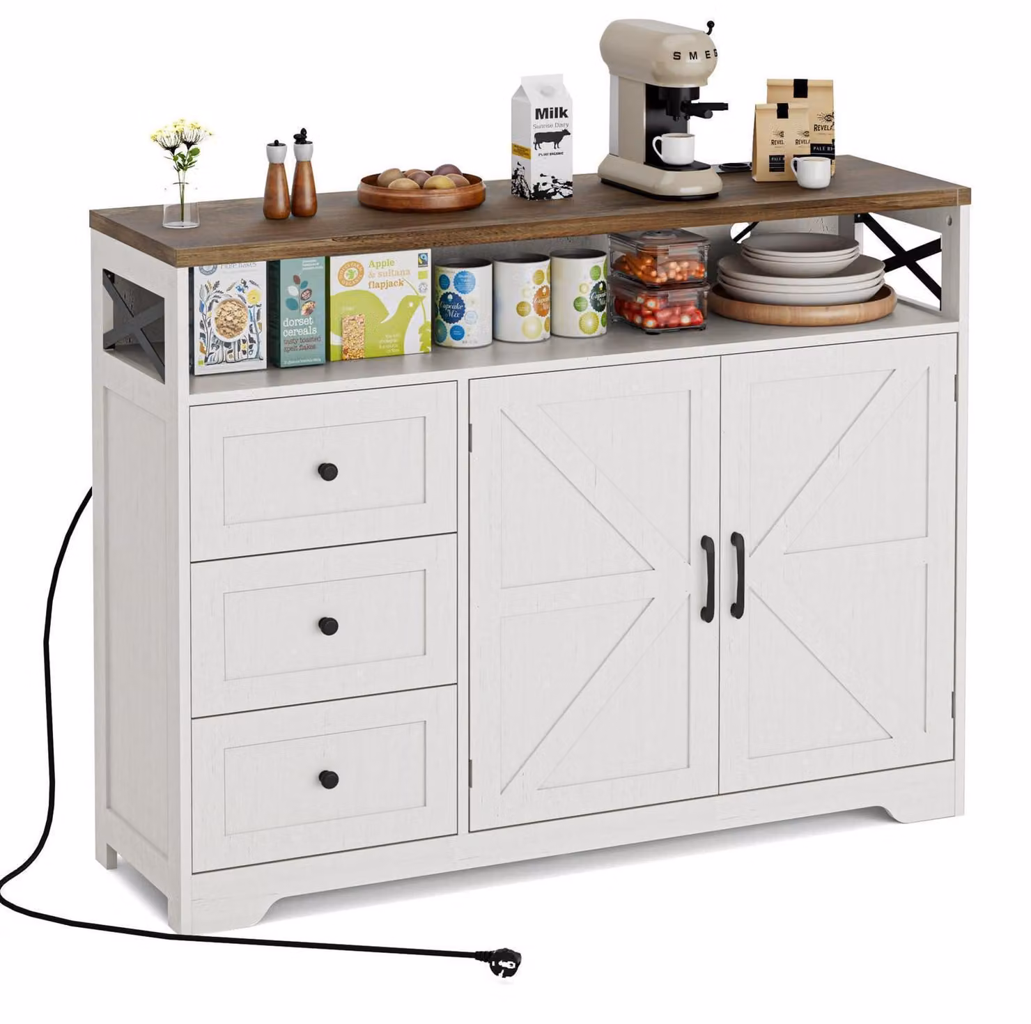 Mobile contenitore bianco crema, effetto legno, dimensioni 120x35x95 cm, con cassetti e ripiano aperto