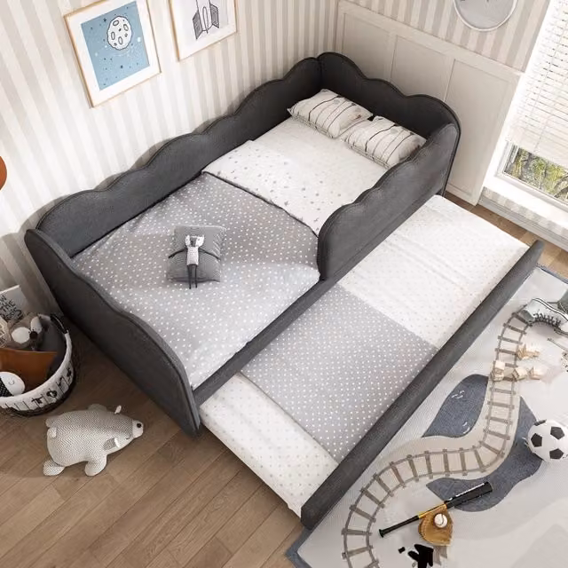 Letto con letto estraibile moderno in tessuto grigio con schienale imbottito e barriera removibile L/P: 90 x 190 cm