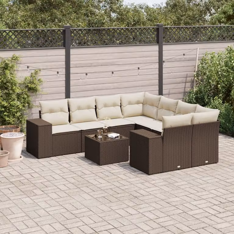 vidaXL Set Divani da Giardino 9 Pezzi in Polyrattan Marrone con Cuscini e Tavolino da Esterno