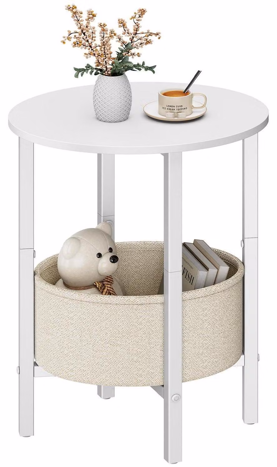 Tavolino laterale rotondo con cesto in tessuto, colore bianco, dimensioni 40,8 x 32,6 x 62,9 cm