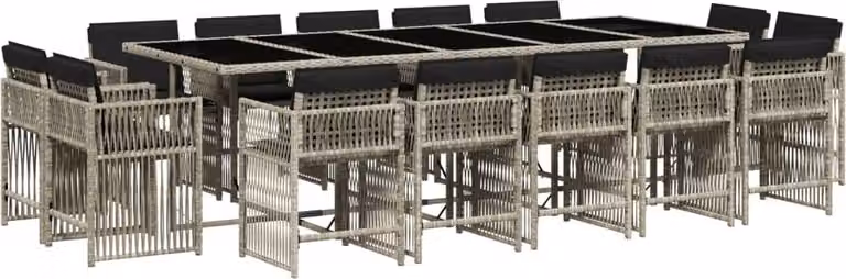Set da Pranzo da Giardino 15 pz con Cuscini Grigio Polyrattan