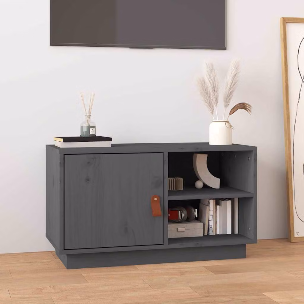vidaXL Mobile Porta TV in Legno di Pino Massello Grigio L: 70 cm, P: 34 cm, H: 40 cm