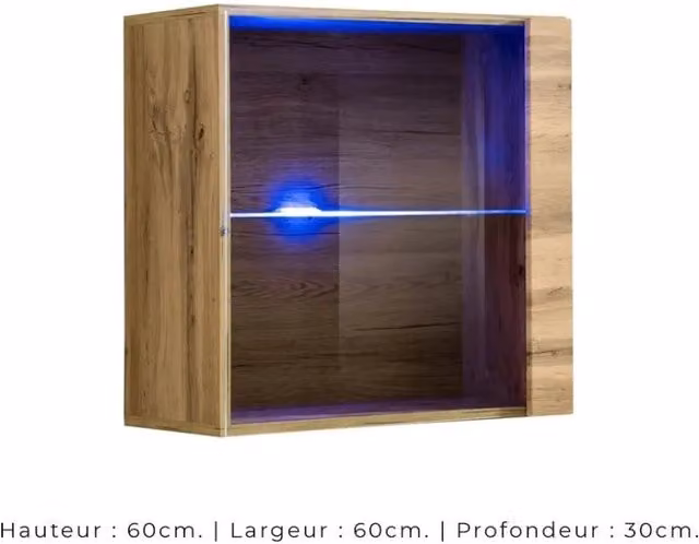 Vetrina sospesa Meublorama Collezione SWITCH colore rovere, con porta in vetro, ripiani interni e illuminazione LED integrata – 1