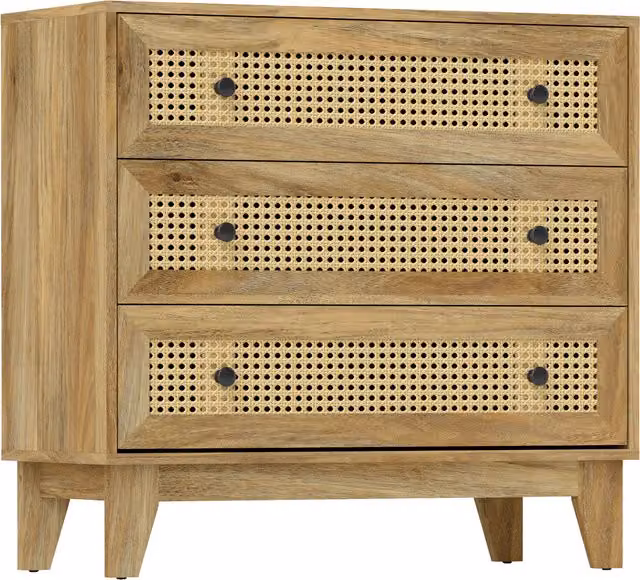 Cassettiera HOMCOM con 3 cassetti in rattan intrecciato, design moderno in legno chiaro beige e marrone, L: 80 cm, P: 35 cm, H: 76 cm