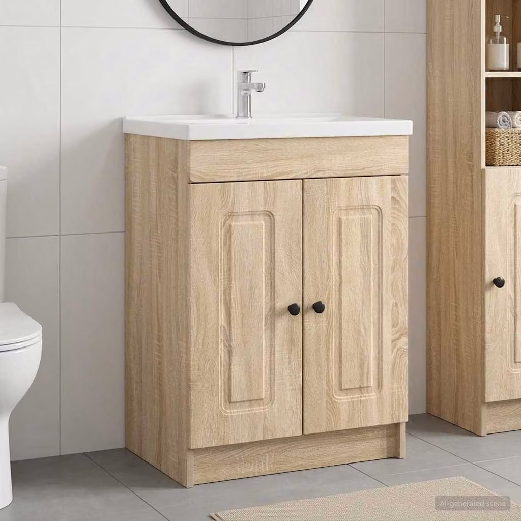 Mobiletto da bagno sotto il lavello vidaXL Rovere Sonoma, moderno con ante a battente e ripiani interni, marrone