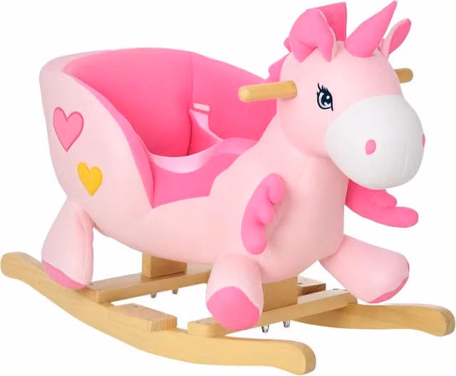 Cavallo a dondolo unicorno XYLO per bambini con musica e cintura di sicurezza, colore rosa, L 65 cm x P 35 cm x H 45 cm