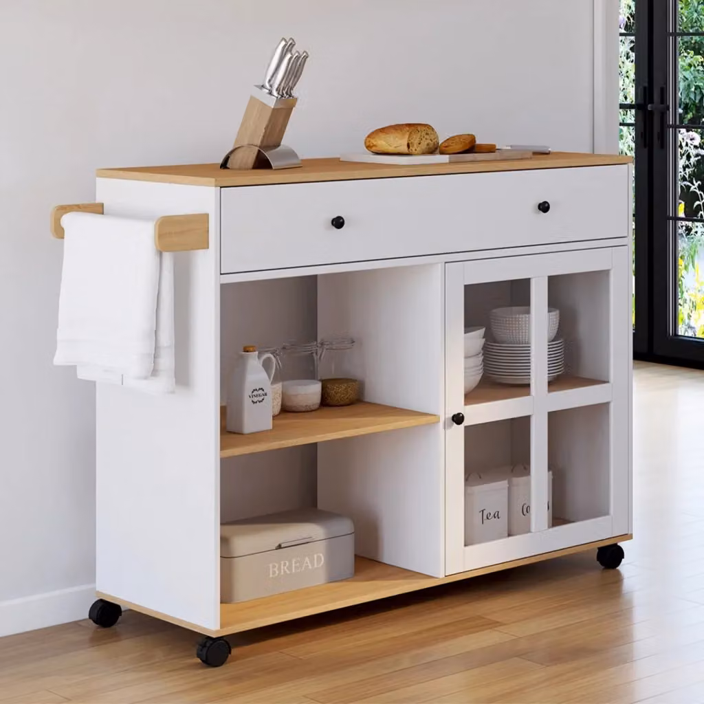 IDMarket Credenza da cucina ACHILLE XXL con ante in vetro e ripiani interni, legno e smalto bianco e marrone, L: 100 cm, H: 85 cm, P: 40 cm – 2