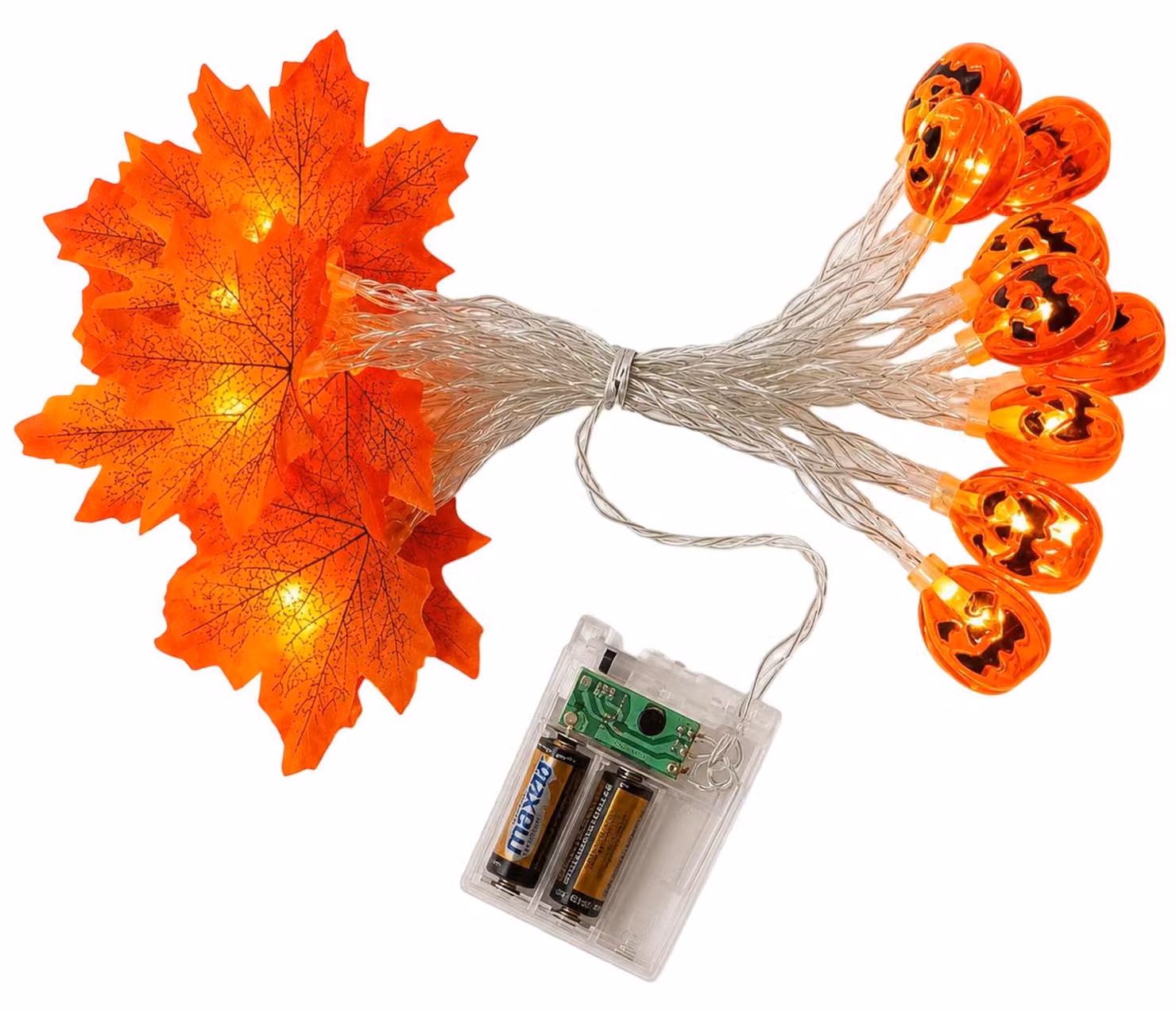 Catena luminosa a tema Halloween, 3 metri, 20 LED, con motivi di zucca e foglie d'acero, luce giallo caldo
