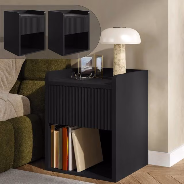 Set di 2 Comodini Nand en.casa con Cassetto e Vano Aperto, Nero Opaco, L 55 cm x P 49 cm x H 39 cm – 1