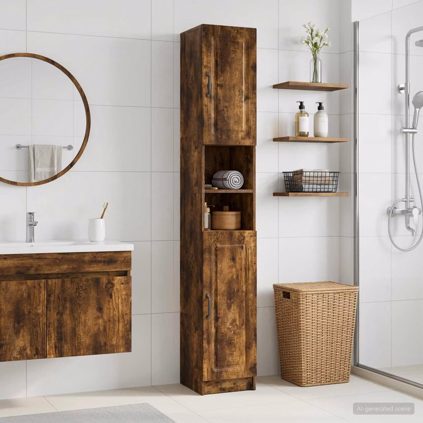 Armadio da Bagno Moderno vidaXL UTRECHT con Ripiano Aperto e Ante a Battente, Rovere Fumo e Nero, L/P/H: 60 x 30 x 187 cm