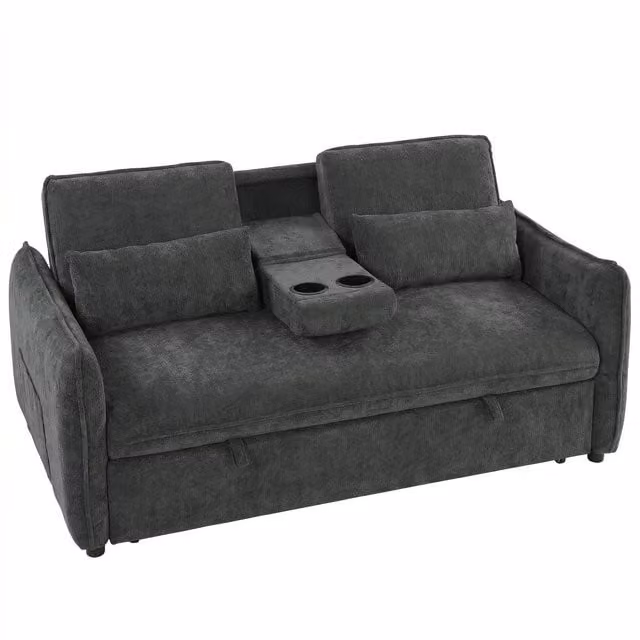 HOMCOM 3 in 1 Divano Letto 2 Posti con Schienale Regolabile in 3 Posizioni con 2 Cuscini, in Ciniglia, Grigio Scuro   Aosom Italy