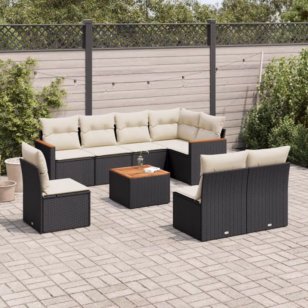 Set di Divani da Giardino vidaXL 9 Pezzi con Cuscini, Colore Nero e Bianco, in Polyrattan con Struttura in Acciaio Verniciato a Polvere e Tavolino da Esterno – 1