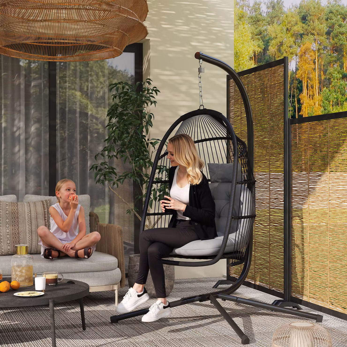 Sedia sospesa a uovo Outsunny con supporto, cuscini e poggiatesta, design moderno in rattan e metallo, colore grigio, per interno ed esterno – 2