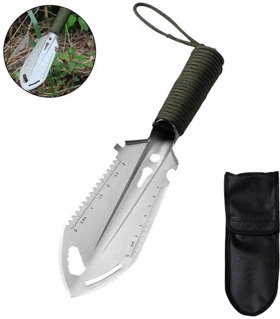 Multitool 9-in-1 – con maniglia per il trasporto – strumento di levigatura da viaggio – con impugnatura in nylon e custodia – ideale per campeggio, giardinaggio e sopravvivenza in ambienti selvaggi – colore argento