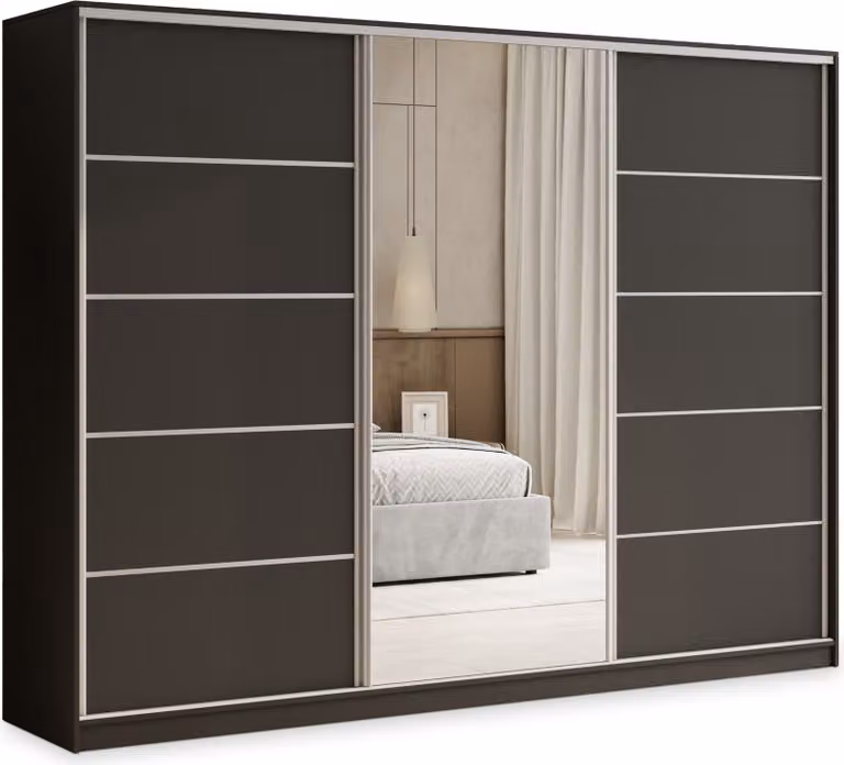 Armadio scorrevole Masseno PINA 270/205/58 cm Armadio con 4 cassetti Armadio da camera da letto a 3 ante con specchio Nero