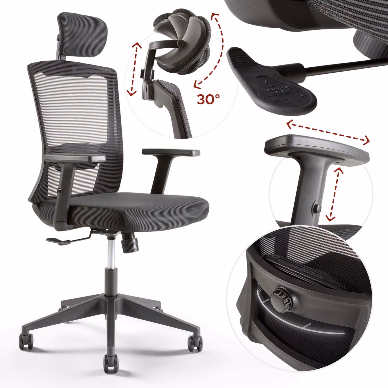 AREBOS Sedia ergonomica per ufficio, sedia da scrivania con poggiatesta regolabile, braccioli, supporto lombare, sedia girevole, adatta alla schiena, 136 kg