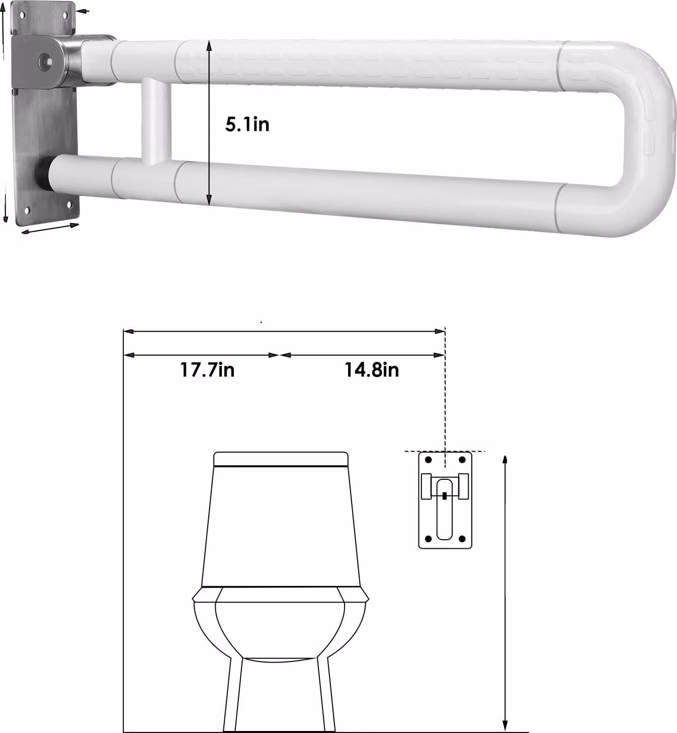 Maniglione per WC, lunghezza 60 cm, design pieghevole, portata 300-350 kg, BIANCO