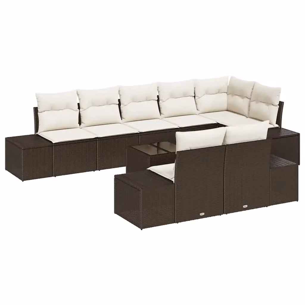 vidaXL Set Divano da Giardino 9 pz a Forma a U in Rattan Marrone e Beige con Cuscini e Tavolino – 2