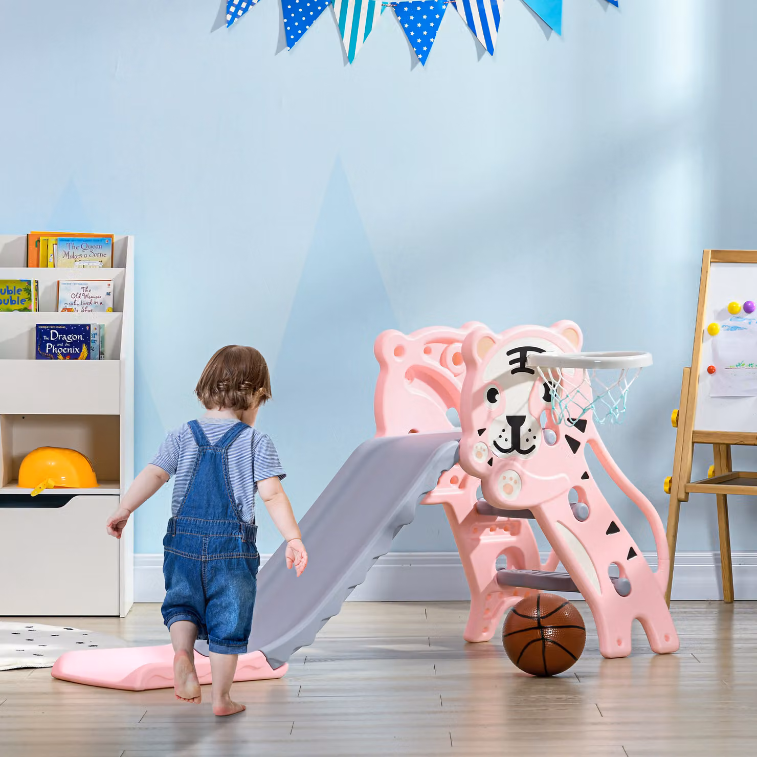 AIYAPLAY Scivolo per Bambini con Canestro da Basket Laterale in Plastica, Rosa e Grigio, L 133 cm x P 60 cm x H 70 cm – 2