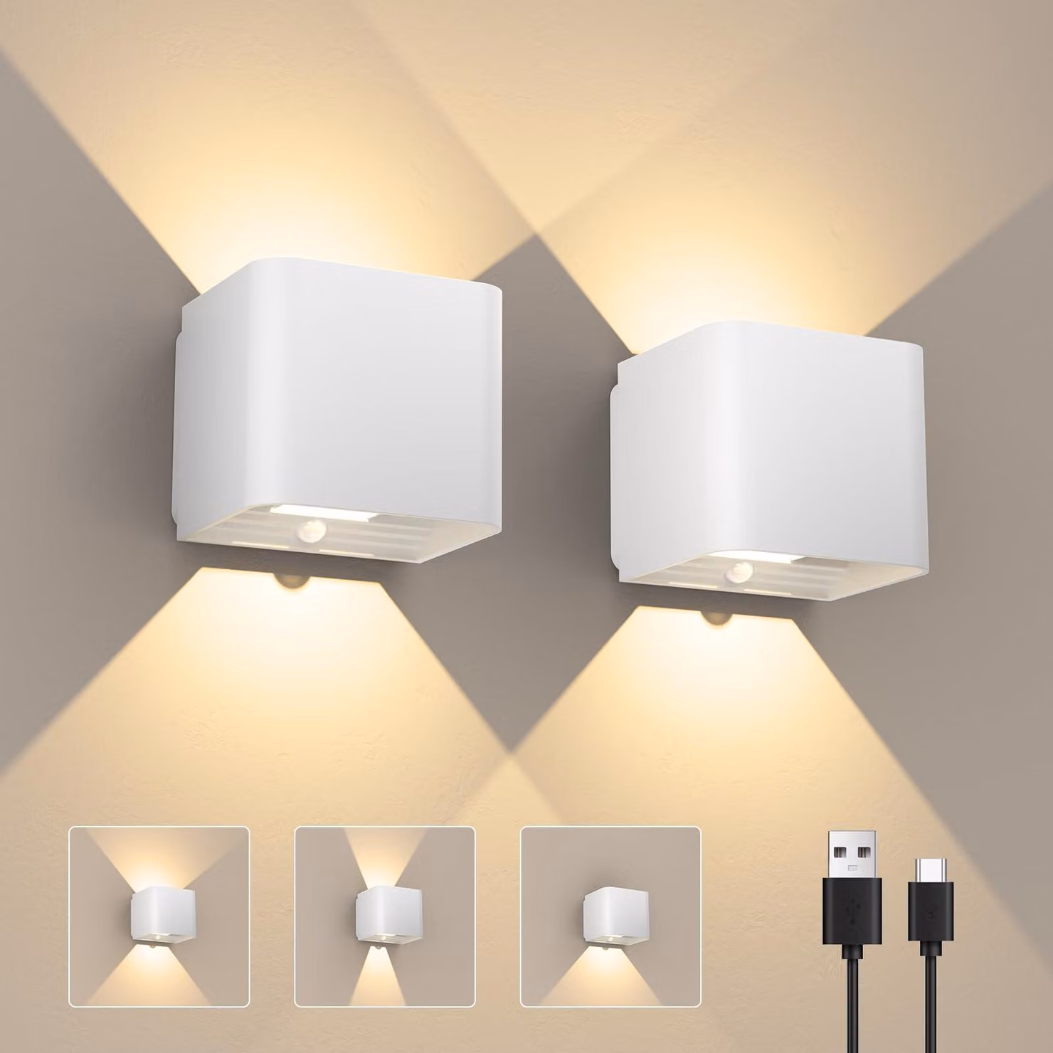 Set di 2 faretti a LED con sensore di movimento, luce bianco caldo, grado di protezione IPX4