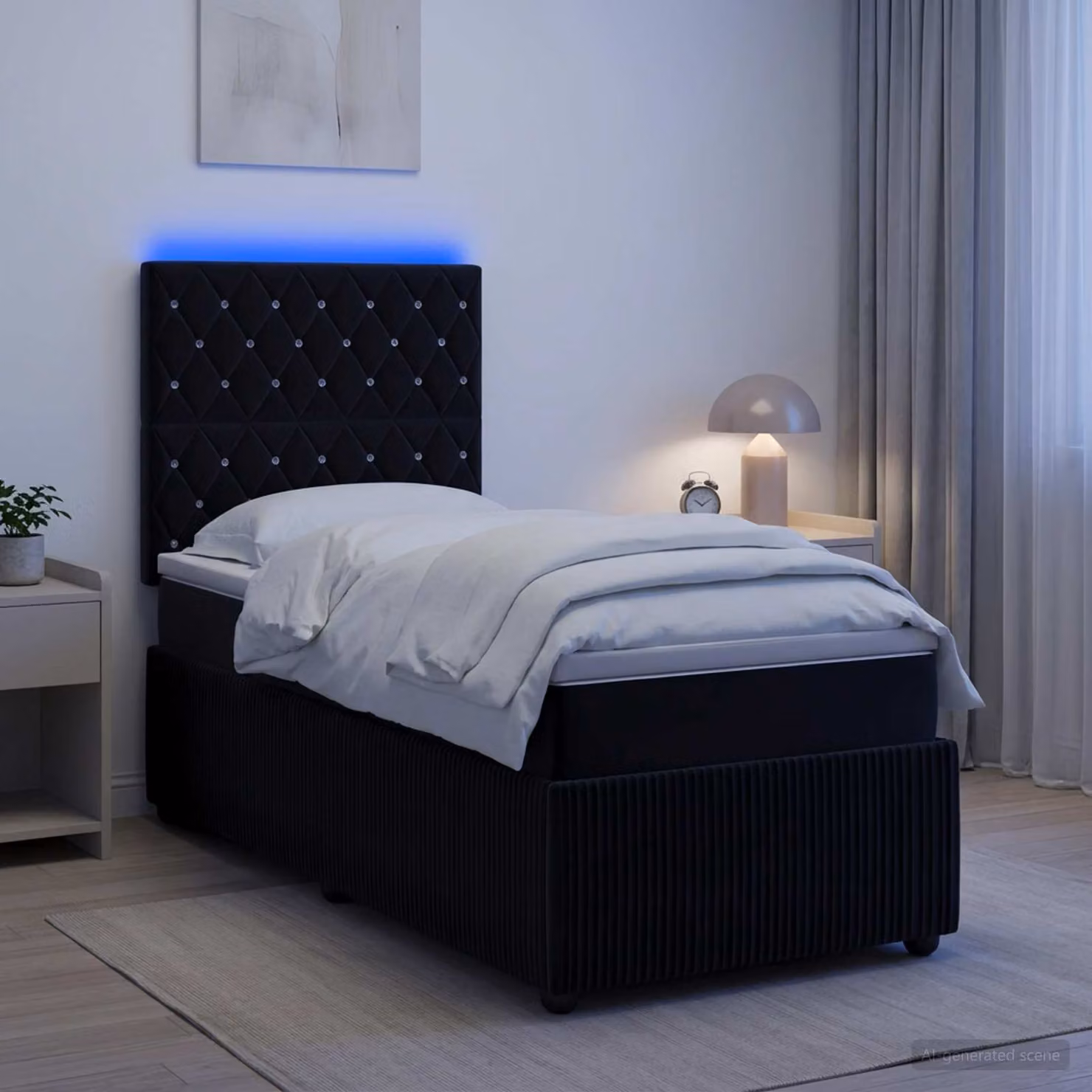 Letto Box Spring vidaXL in Velluto Nero con Materasso Ibrido e Illuminazione LED sotto il letto, L: 200 cm, P: 100 cm