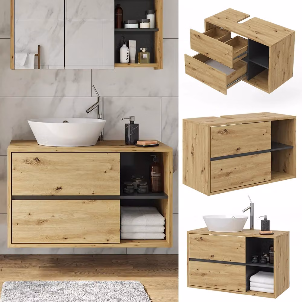 Mobiletto per lavabo Vicco in legno Rovere, colore Viola e Marrone, moderno e sospeso, L: 100 cm, P: 60 cm, H: 45,5 cm – 2