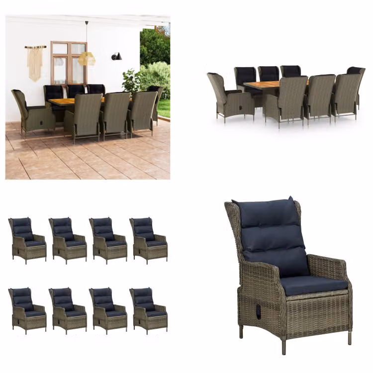 vidaXL Set da pranzo da giardino 9 pezzi con cuscini in rattan marrone - Set di mobili da giardino - Set di mobili da giardino - Tavolo e sedia da giardino - Tavoli e sedie da giardino