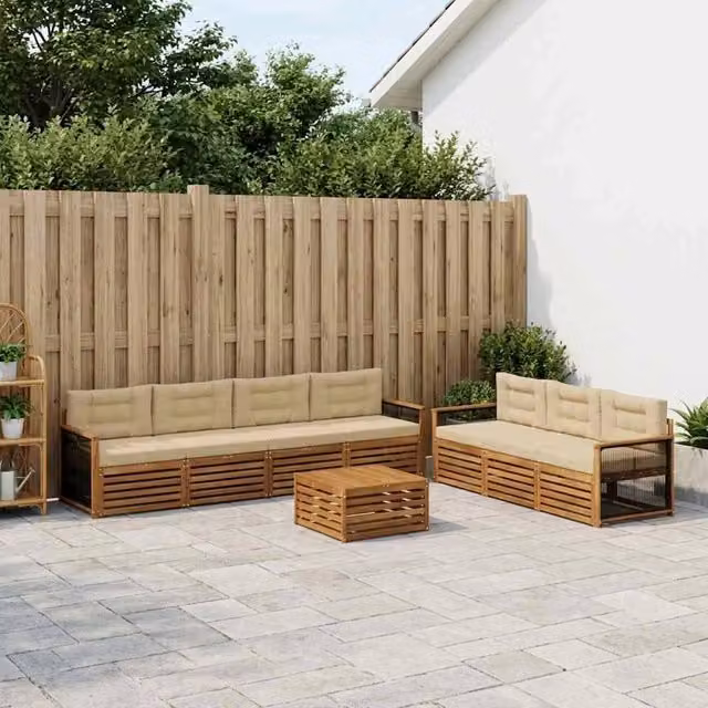 Set di divani da esterno moderno vidaXL in legno di acacia con cuscini beige per giardino e terrazzo, 8 pezzi – 1