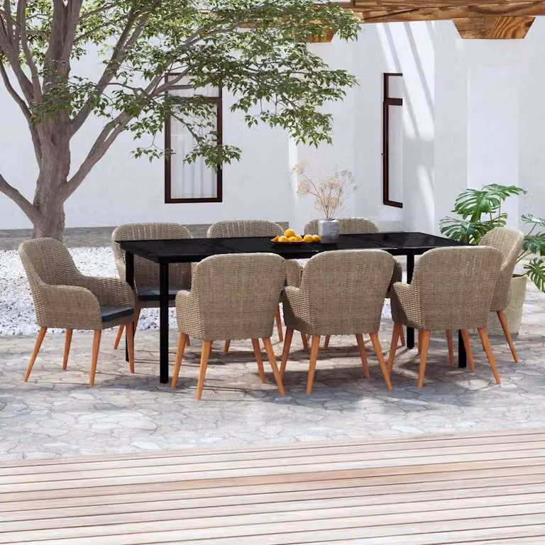 Set da pranzo da giardino vidaXL in rattan e legno di acacia con tavolo in vetro e 9 pezzi marrone