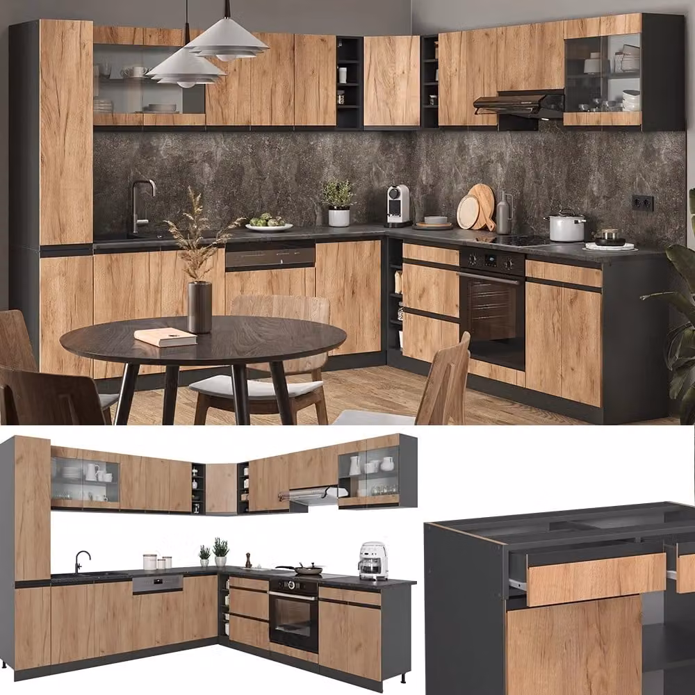 Cucina angolare completa R-Line Vicco in Rovere dorato e Antracite, modello J-Shape con piano in marmo, dimensioni 277 x 257 cm – 2