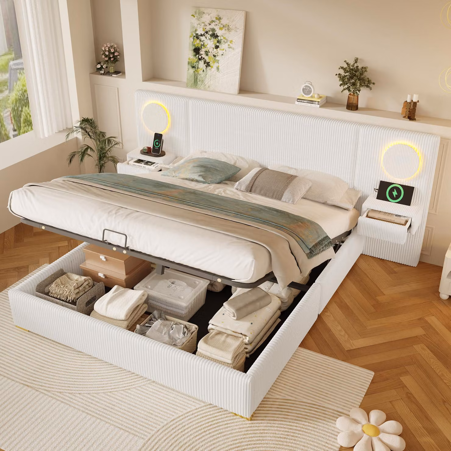 Letto imbottito STILVORA, 180x200 cm, completo di materasso, struttura letto con testiera LED e prese USB, letto matrimoniale con spazio contenitore a sollevamento idraulico, rivestito in velluto