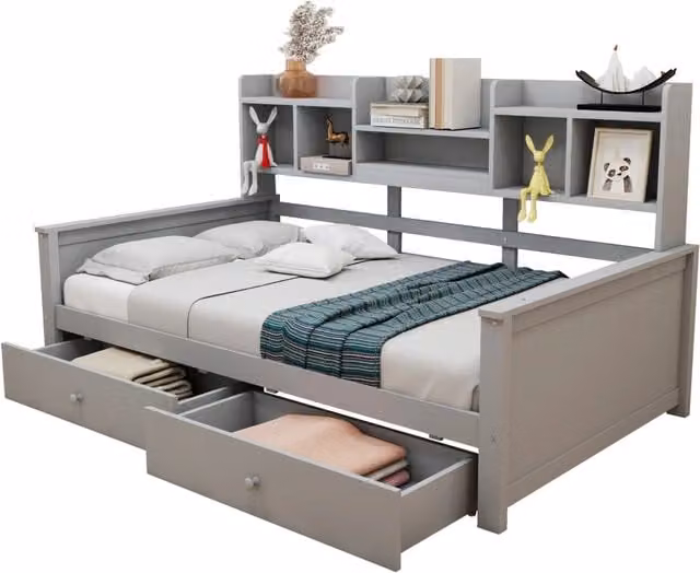 Letto singolo per bambini 90x200 in legno grigio con cassetti， ripiani e rete a doghe， senza materasso