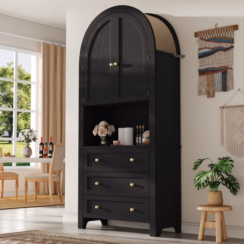 Mobile contenitore moderno in MDF nero con 3 cassetti, ante con chiusura soft-close e vano aperto per cucina e soggiorno, L: 70 cm, P: 35 cm, H: 180 cm – 2