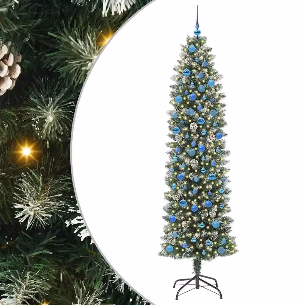 Albero di Natale Artificiale Sottile Moderno vidaXL Verde e Bianco con Luci LED Bianco Caldo – 2