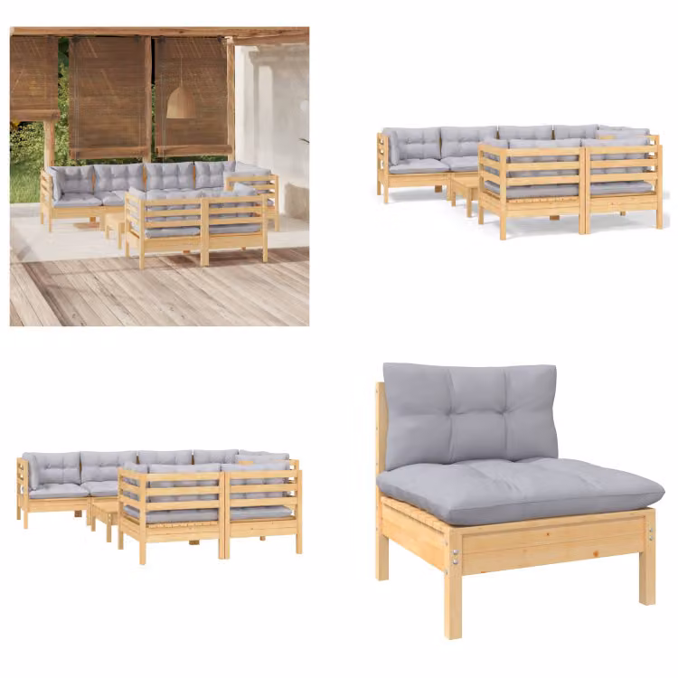 vidaXL Set salotto da giardino 8 pezzi con cuscini grigi in pino massiccio - Set salotto da giardino - Set salotto da giardino - Set mobili da giardino - Set mobili da giardino