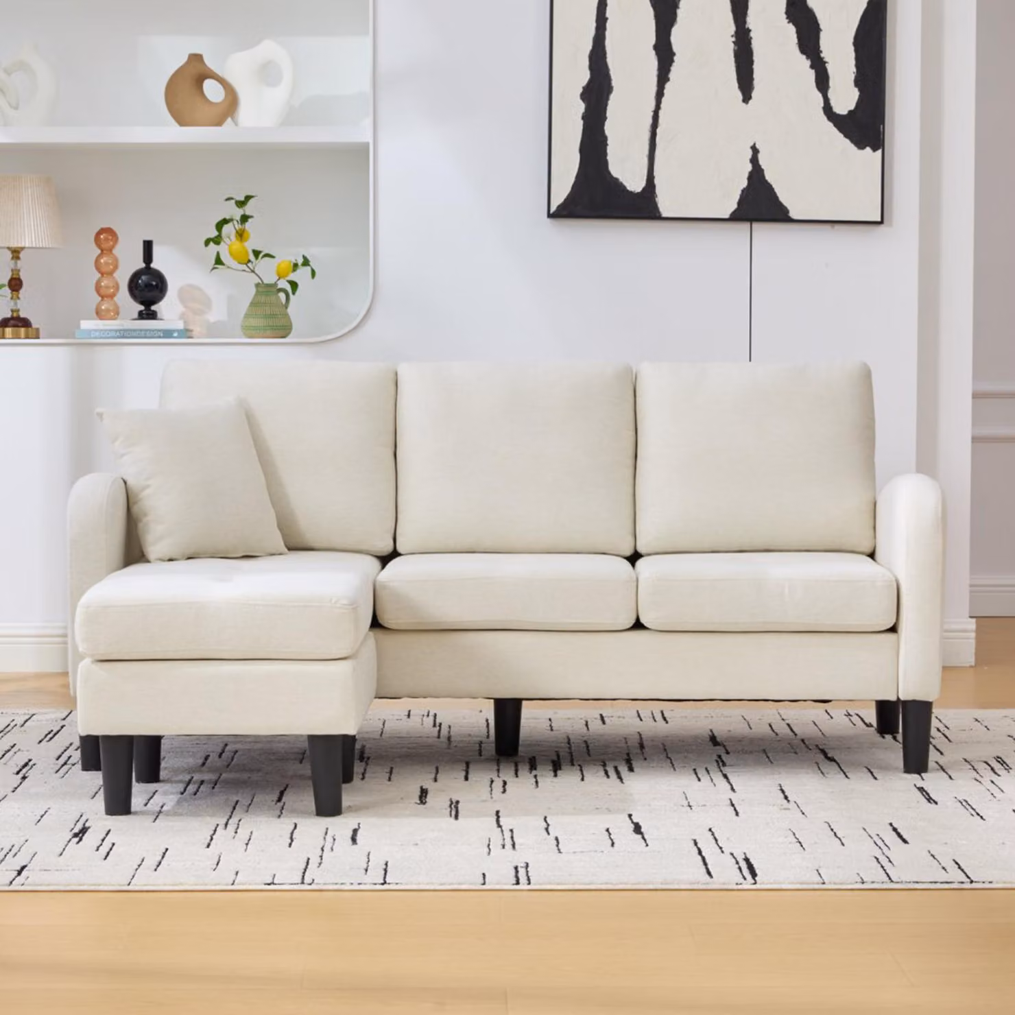 Divano angolare con chaise longue, dimensioni 166x118x77 cm, divano modulare a 3 posti rivestito in tessuto di cotone e lino, con gambe in plastica, ideale per soggiorno e appartamento
