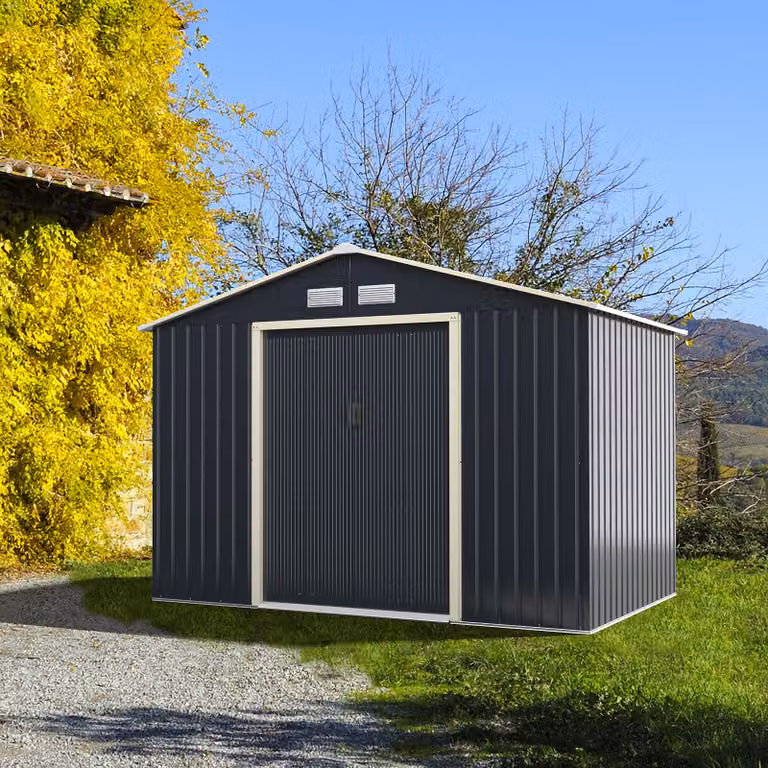 Costway Set capanno degli attrezzi in metallo con 2 kit di estensione, casetta da giardino moderna color antracite con ante scorrevoli e sfiati laterali