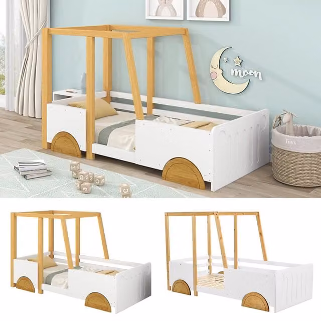 Letto per bambini a forma di auto 90x200 cm; con sponde; struttura in pino e MDF; bianco e naturale