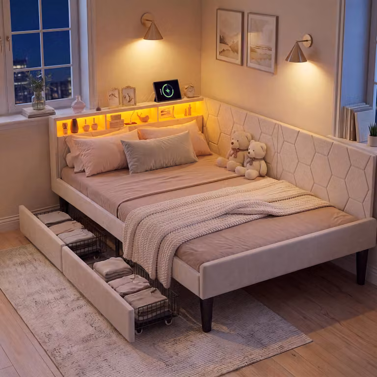 Letto imbottito UnboxG 140x200 cm con rete a doghe, letto in velluto con 2 cassetti, illuminazione LED, porta USB e porta di tipo C, divano letto 2-in-1, color beige