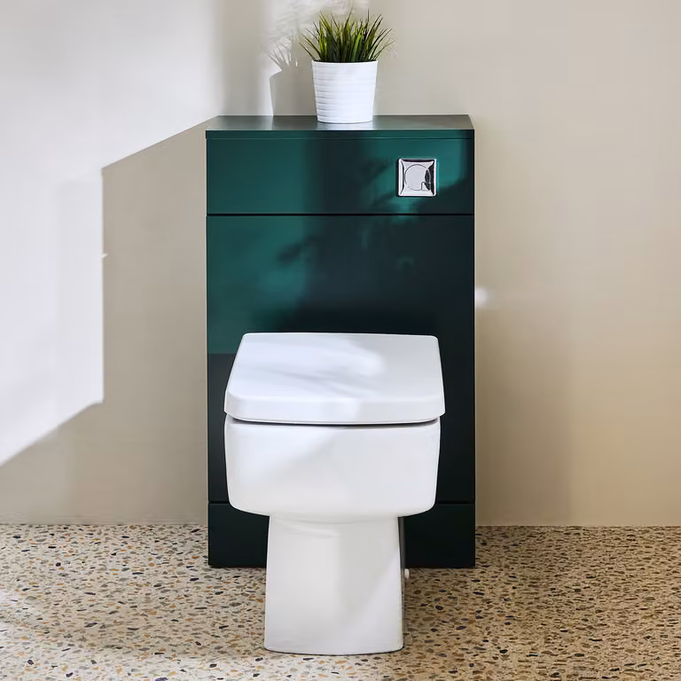 Mobile WC da 500 con Sanitario Exton - Verde Scuro - Pulsante di Scarico Cromato - Cluo