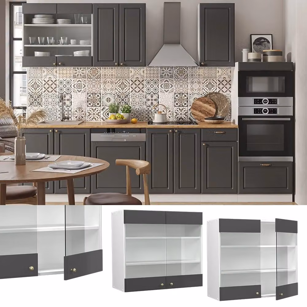 Pensile da cucina Vicco Fame-Line con ante in vetro, Antracite, Oro e Bianco, L: 80 cm – 2