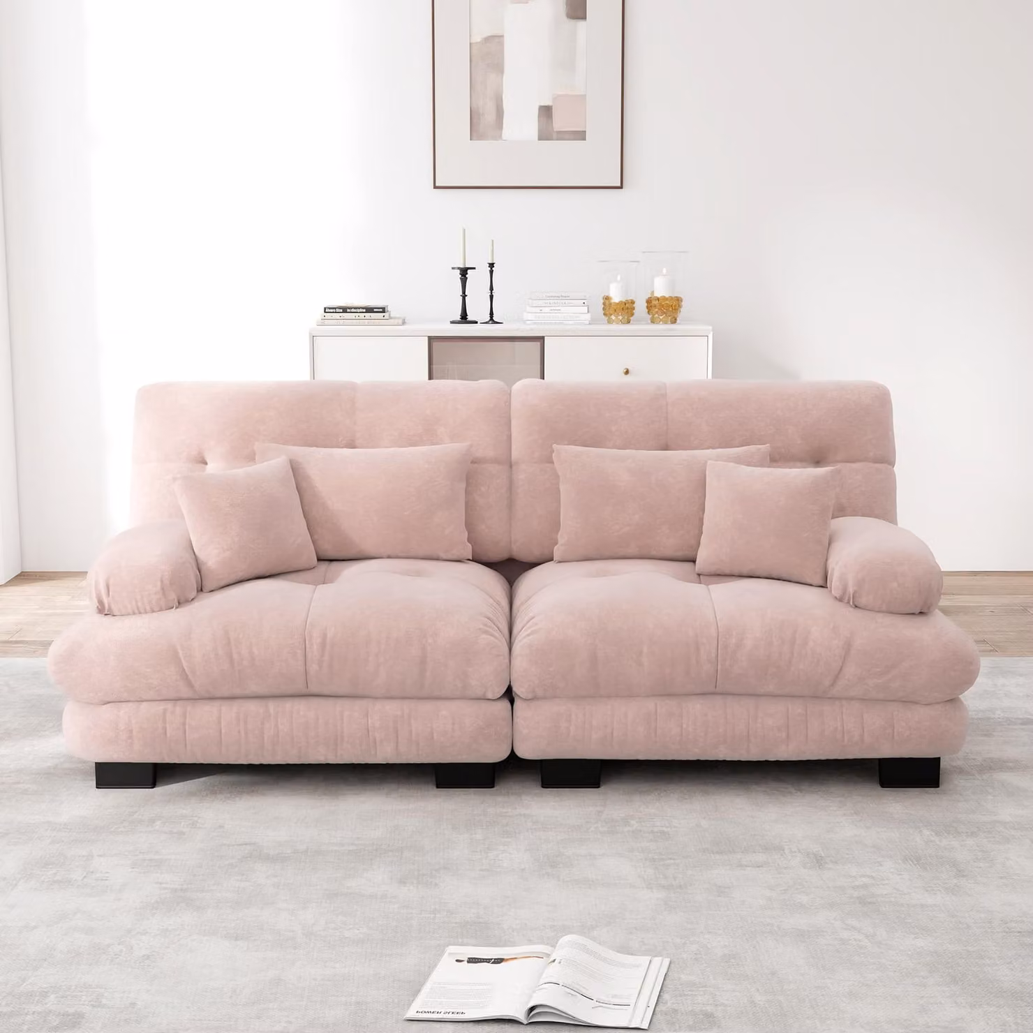 Divano angolare Sweiko Cloud per soggiorno, divano doppio in ciniglia con 2 cuscini lombari e 2 cuscini decorativi, struttura in legno massiccio, ciniglia rosa