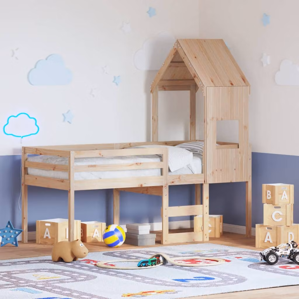 vidaXL Letto a Soppalco per Bambini con Tetto in Legno Massello di Pino, L: 195,5 cm, P: 80,5 cm, H: 150 cm