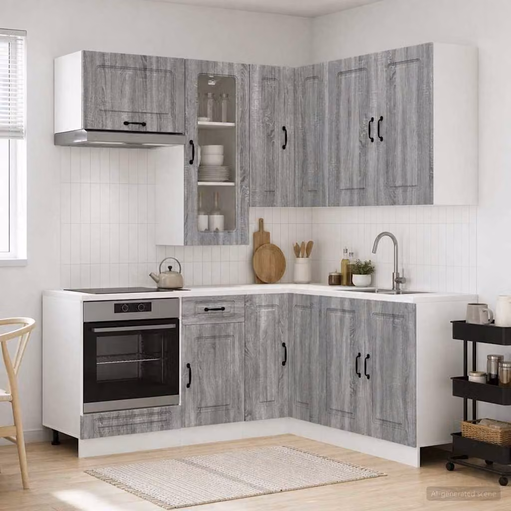 vidaXL Unità Cucina KALMAR 8 Pezzi Moderna in Legno Ingegnerizzato Sonoma Grigio con Ante in Vetro