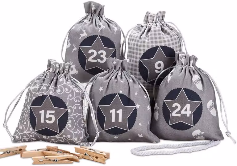 Calendario dell'Avvento da riempire, con 24 sacchetti di tessuto grigio per essere riempiti - Realizzato in cotone